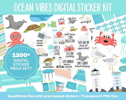 Ocean Vibes Digital Sticker Mega Bundle | GoodNotes & iPad | Summer, July, Beach, Adulting, Calendar Dates, Home and More!