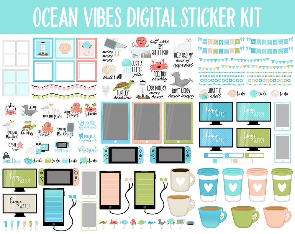 Ocean Vibes Digital Sticker Mega Bundle | GoodNotes & iPad | Summer, July, Beach, Adulting, Calendar Dates, Home and More!
