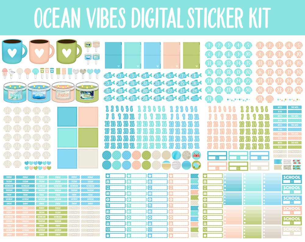 Ocean Vibes Digital Sticker Mega Bundle | GoodNotes & iPad | Summer, July, Beach, Adulting, Calendar Dates, Home and More!