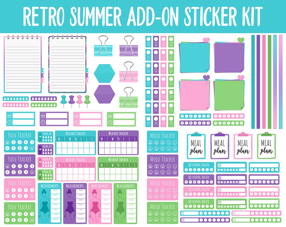 Retro Summer Add-On Digital Planner Stickers | GoodNotes, iPad and Android | Trackers, Meal Planning, Fitness, TV, Budget
