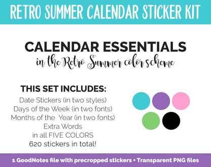 Retro Summer Calendar Essentials Digital Planner Stickers | GoodNotes, iPad and Android | Dates, Days of the Week, Months