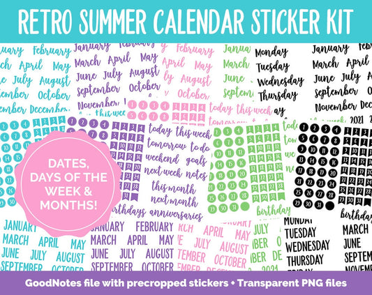 Retro Summer Calendar Essentials Digital Planner Stickers | GoodNotes, iPad and Android | Dates, Days of the Week, Months