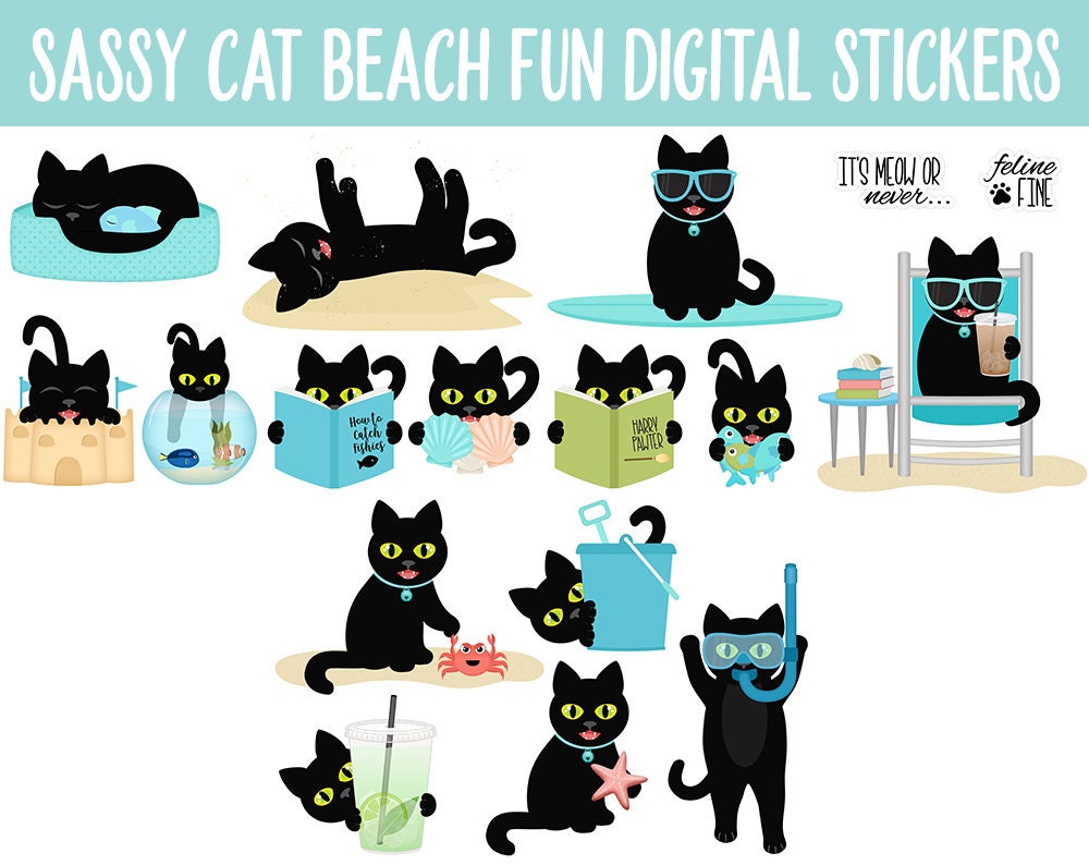 Sassy Cat's Beach Fun Digital Stickers | GoodNotes, iPad and Android | Ocean, Funny, Feline