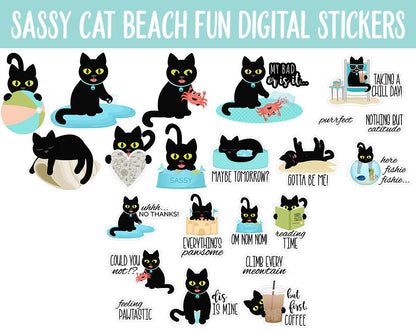 Sassy Cat's Beach Fun Digital Stickers | GoodNotes, iPad and Android | Ocean, Funny, Feline