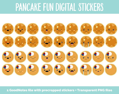 Pancake Fun Digital Stickers | GoodNotes, iPad and Android | Baking, Cooking, Food, Mood Tracker, Emoji, Kawaii