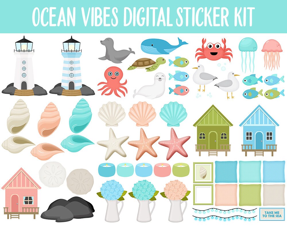 Ocean Vibes Digital Sticker Mega Bundle | GoodNotes & iPad | Summer, July, Beach, Adulting, Calendar Dates, Home and More!