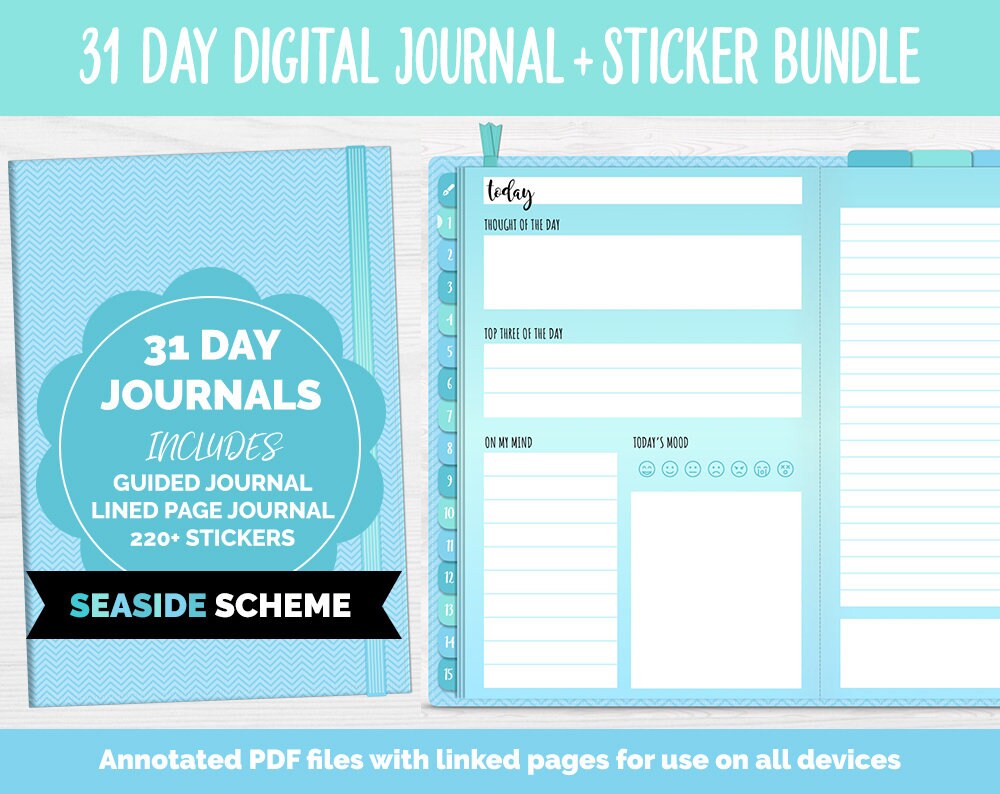 31 Day Digital Journal + Sticker Bundle | Seaside Theme