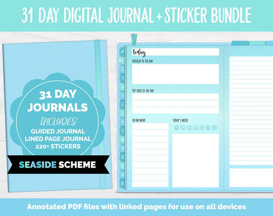 31 Day Digital Journal + Sticker Bundle | Seaside Theme