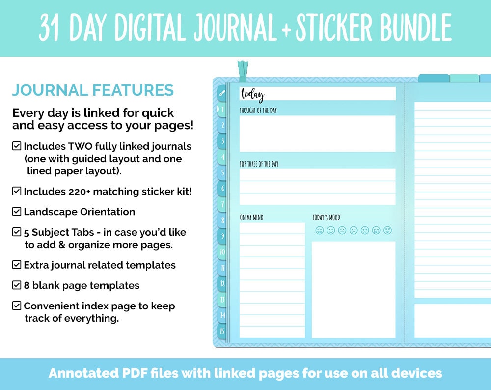 31 Day Digital Journal + Sticker Bundle | Seaside Theme