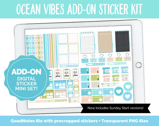 Ocean Vibes Add-On Digital Planner Stickers | GoodNotes, iPad and Android | Trackers, Meal Planning, Fitness, TV, Budget