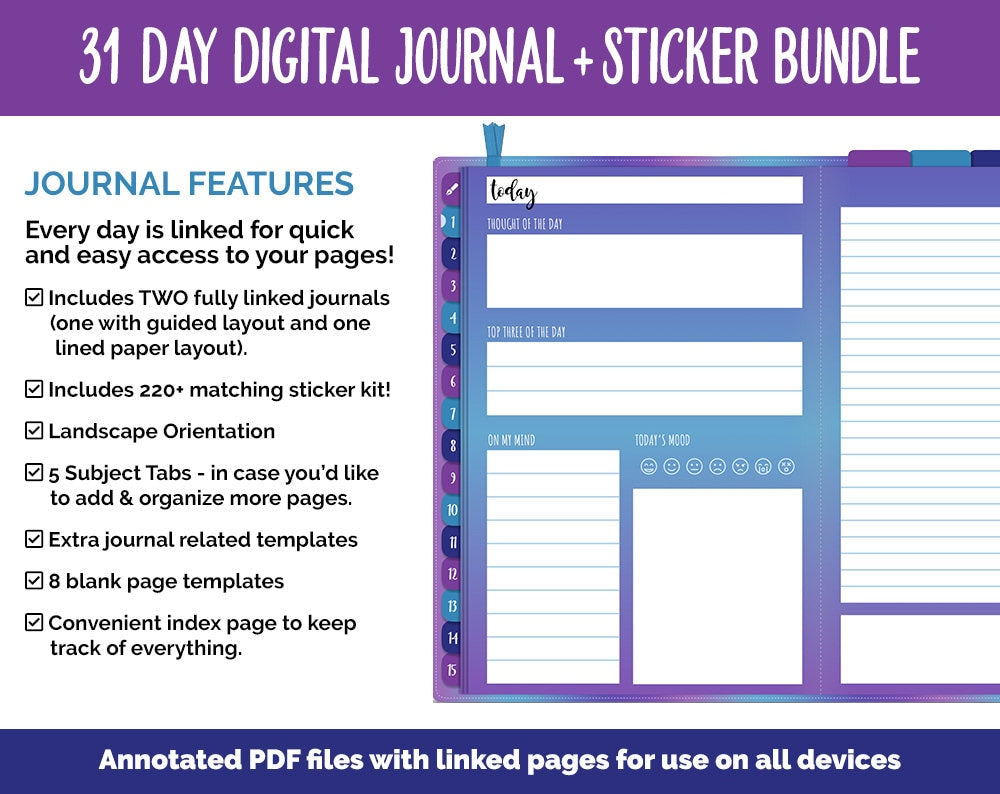 31 Day Digital Journal + Sticker Bundle | Galaxy Theme