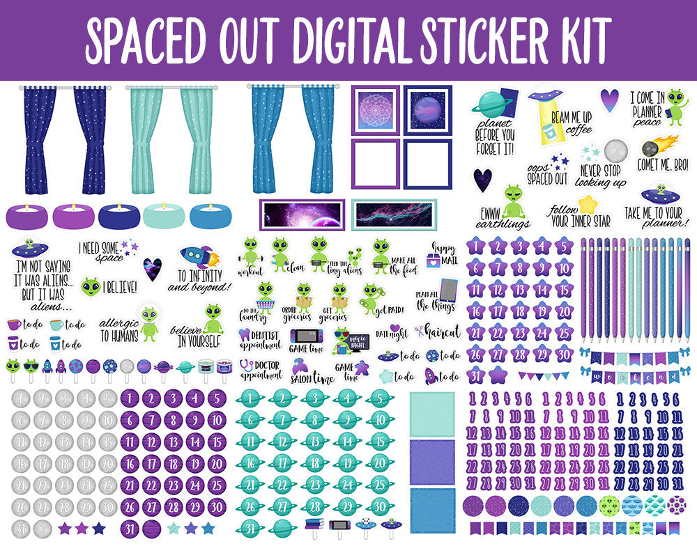 Spaced Out Digital Sticker Mega Bundle | GoodNotes & iPad | Summer, August, Aliens, Adulting, Calendar Dates, Home and More!