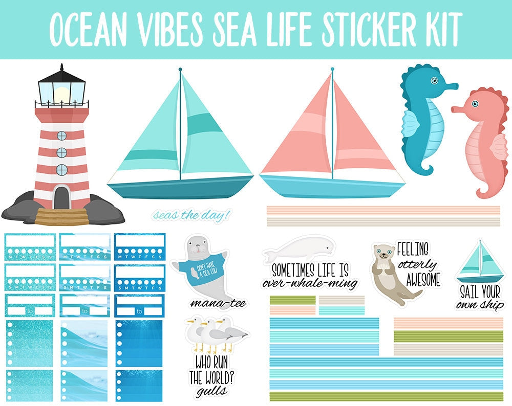 Ocean Vibes Sea Life Digital Planner Stickers | GoodNotes, iPad and Android | Beach, Outdoors, Ocean, Coastal