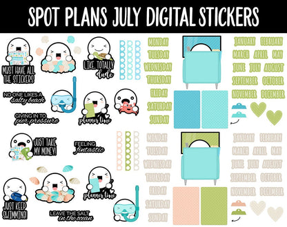 Spot Plans July Digital Stickers | GoodNotes, iPad and Android | July 4th, Ocean Vibes, Beach, Adulting, Planning