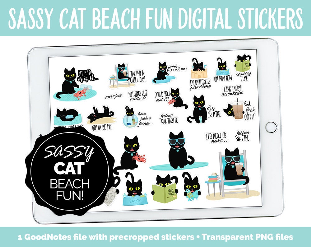 Sassy Cat's Beach Fun Digital Stickers | GoodNotes, iPad and Android | Ocean, Funny, Feline