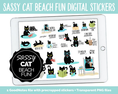 Sassy Cat's Beach Fun Digital Stickers | GoodNotes, iPad and Android | Ocean, Funny, Feline