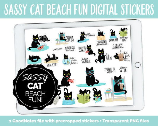 Sassy Cat's Beach Fun Digital Stickers | GoodNotes, iPad and Android | Ocean, Funny, Feline