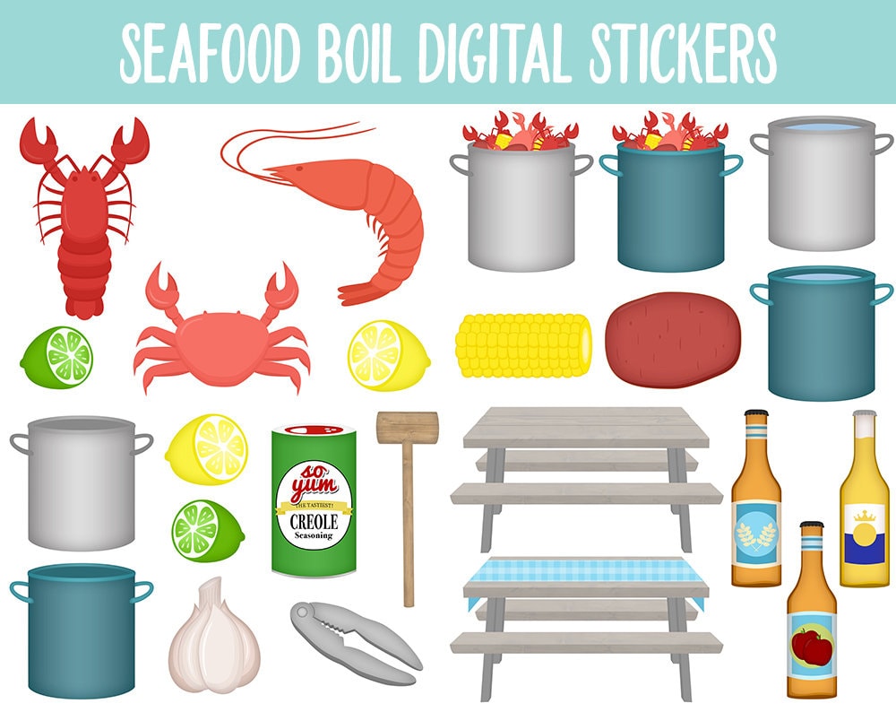 Seafood Boil Digital Planner Stickers | GoodNotes, iPad and Android | Beach, Crab, Lobster, Shrimp, Ocean Vibes, Food