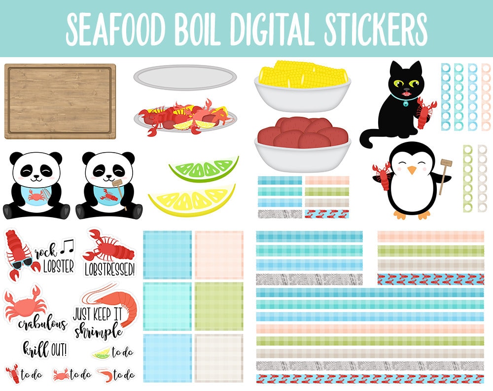 Seafood Boil Digital Planner Stickers | GoodNotes, iPad and Android | Beach, Crab, Lobster, Shrimp, Ocean Vibes, Food
