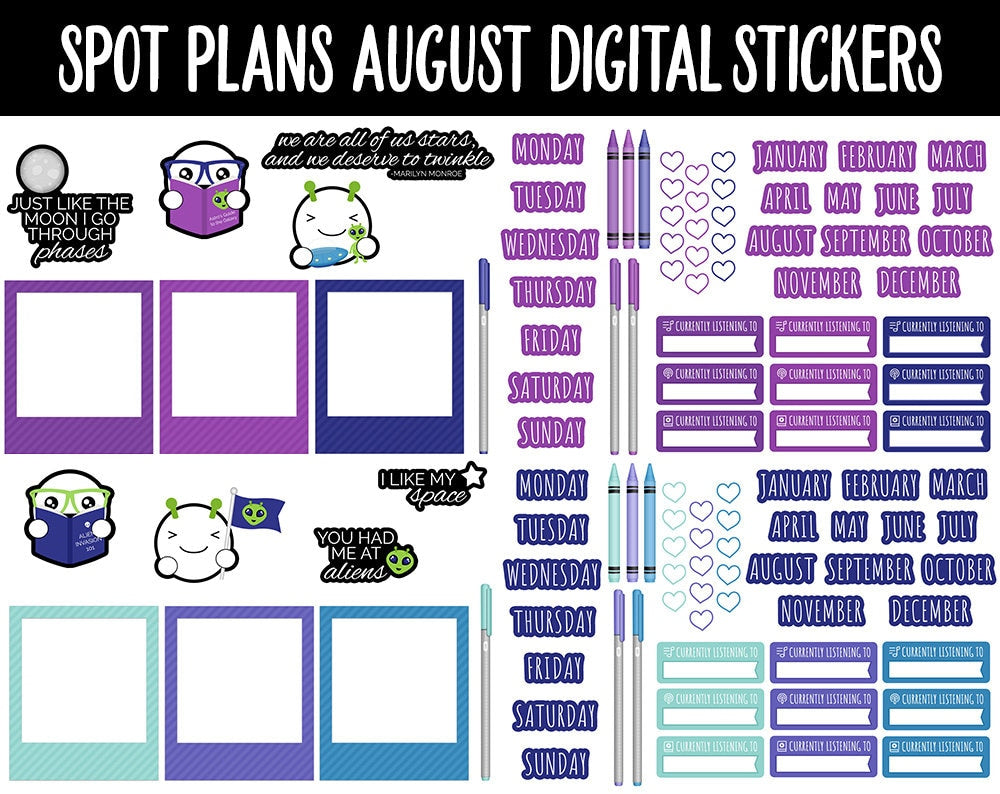 Spot Plans August Digital Stickers | GoodNotes, iPad and Android | Space, Spaced Out, Galaxy, Aliens, Adulting, Planning