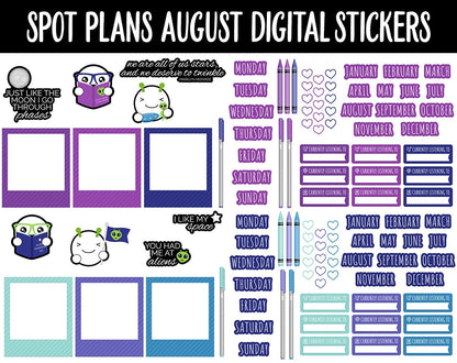 Spot Plans August Digital Stickers | GoodNotes, iPad and Android | Space, Spaced Out, Galaxy, Aliens, Adulting, Planning