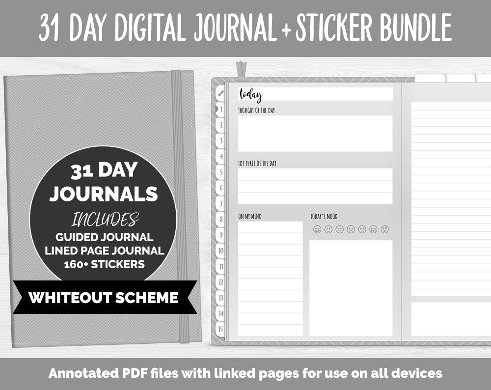 31 Day Digital Journal + Sticker Bundle | Whiteout Theme