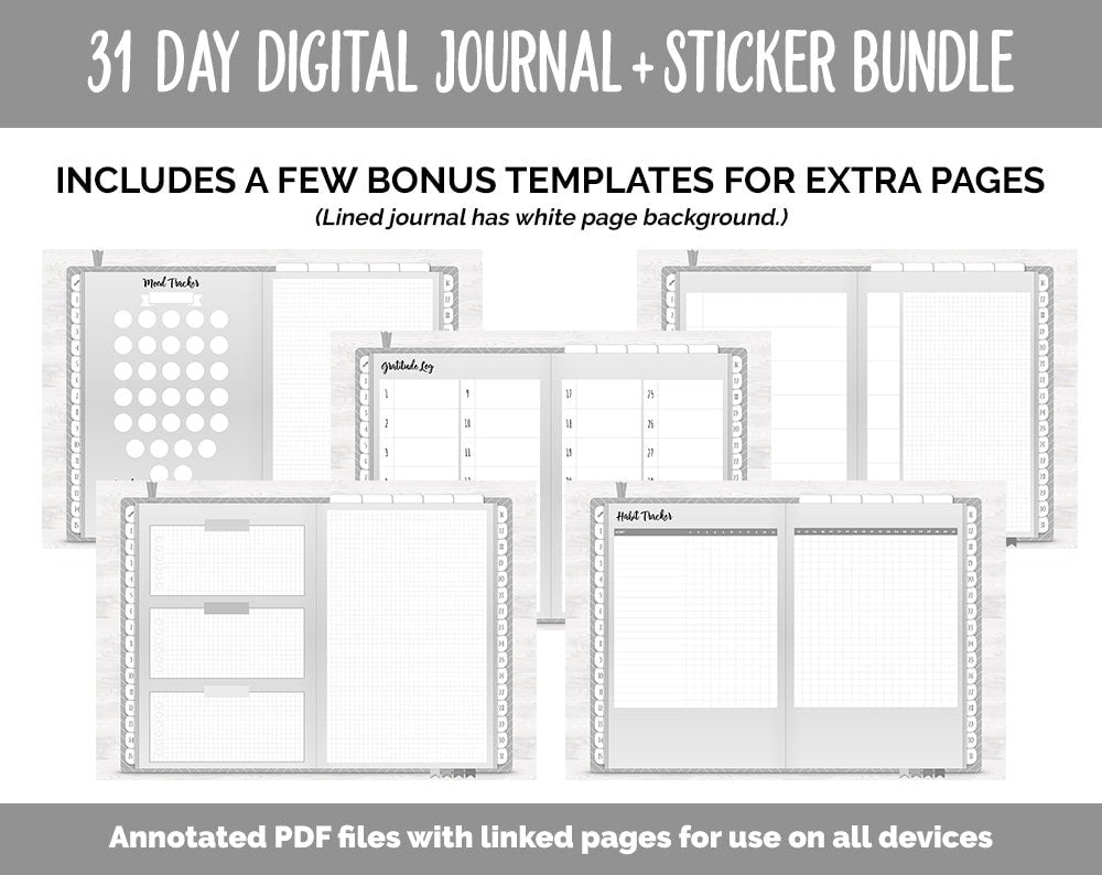 31 Day Digital Journal + Sticker Bundle | Whiteout Theme