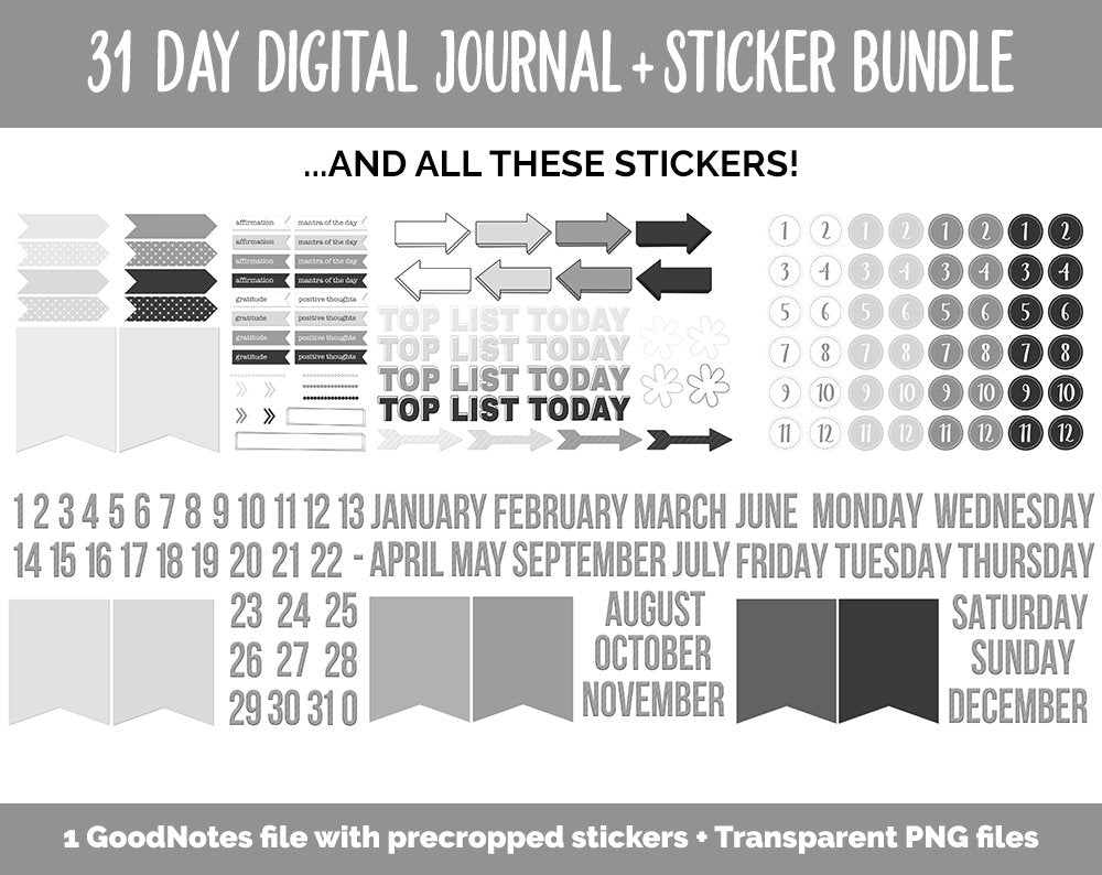 31 Day Digital Journal + Sticker Bundle | Whiteout Theme