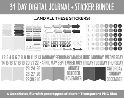 31 Day Digital Journal + Sticker Bundle | Whiteout Theme