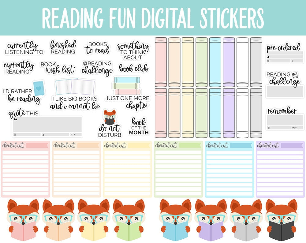 Reading Fun Digital Stickers | GoodNotes & iPad | Book Trackers, To Read, Fox, Book Club