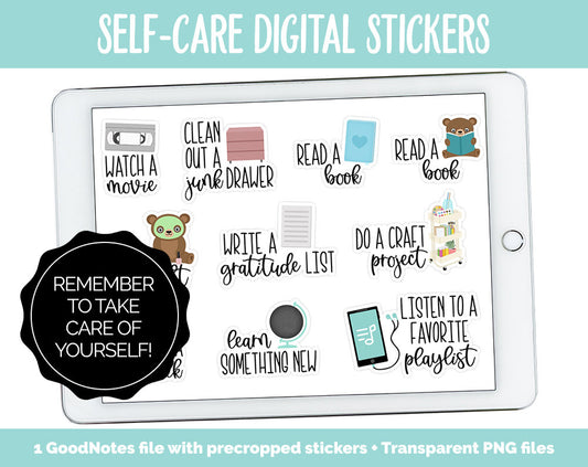 Self-Care Digital Stickers | GoodNotes & iPad | Mental Health, Adulting, Chores and More!