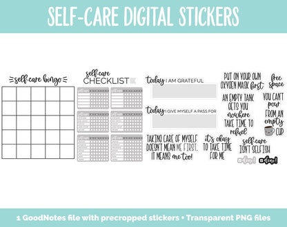 Self-Care Digital Stickers | GoodNotes & iPad | Mental Health, Adulting, Chores and More!