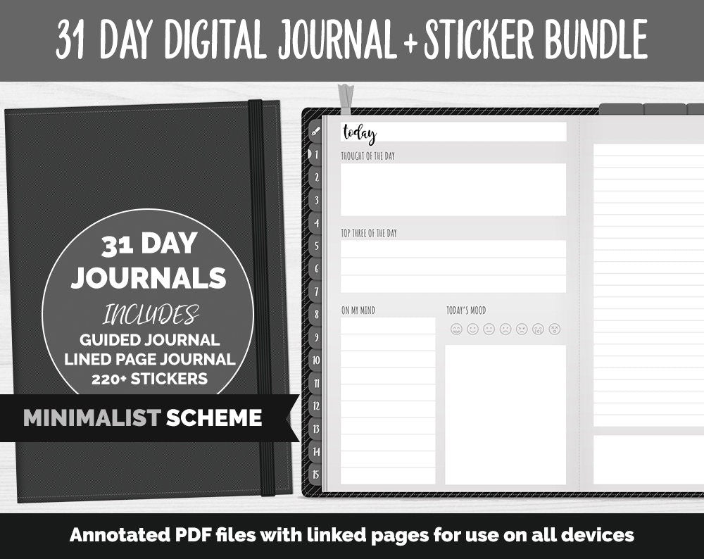 31 Day Digital Journal + Sticker Bundle | Minimalist Theme