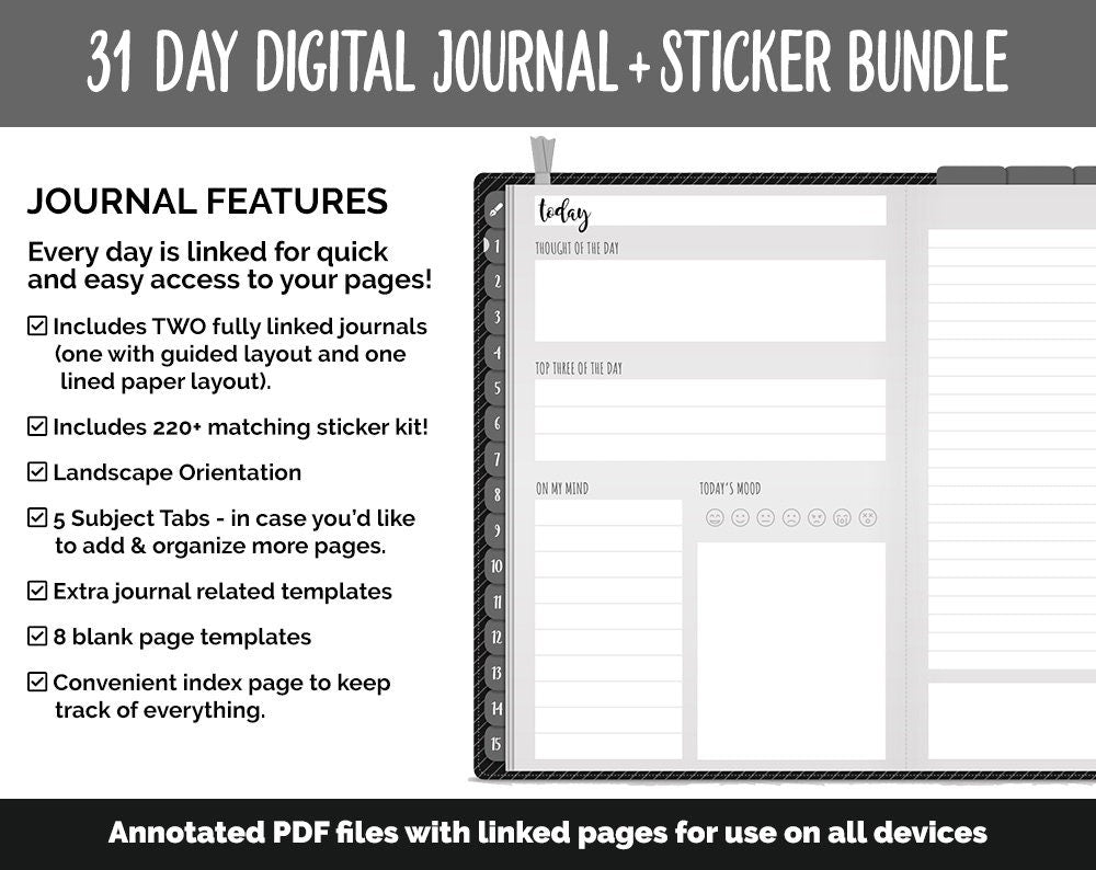 31 Day Digital Journal + Sticker Bundle | Minimalist Theme