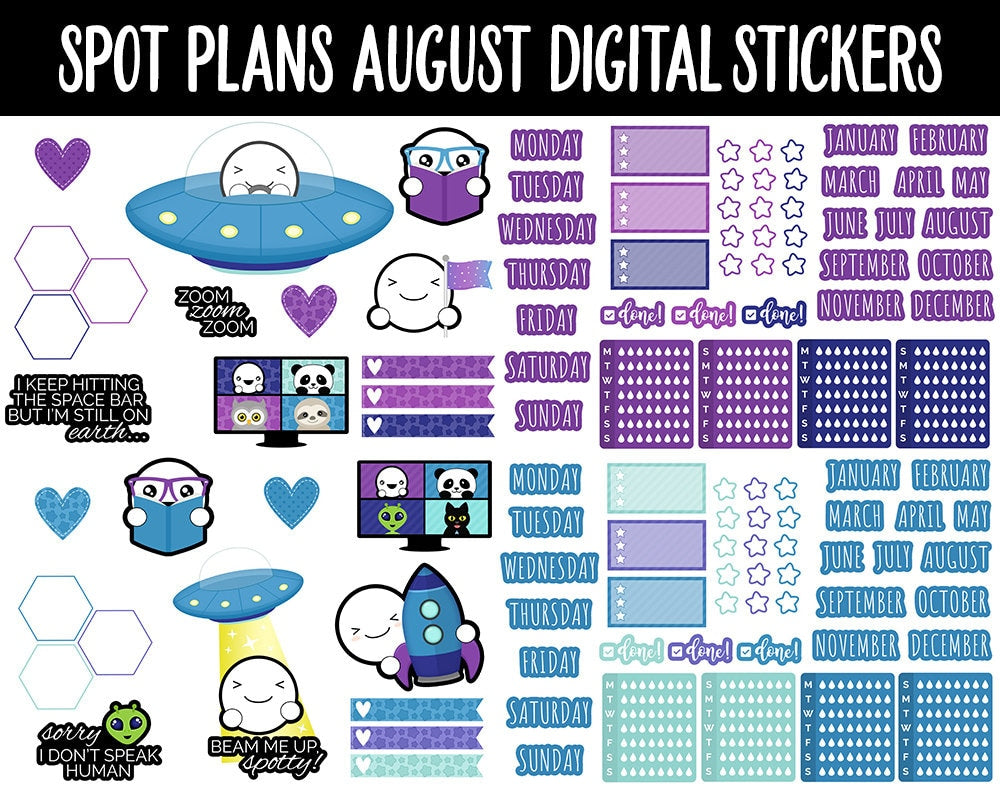 Spot Plans August Digital Stickers | GoodNotes, iPad and Android | Space, Spaced Out, Galaxy, Aliens, Adulting, Planning