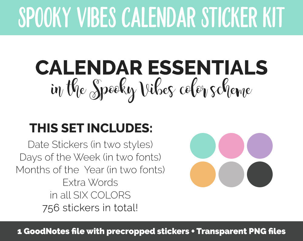 Spooky Vibes Calendar Essentials Digital Planner Stickers | GoodNotes, iPad and Android | Dates, Days of the Week, Months