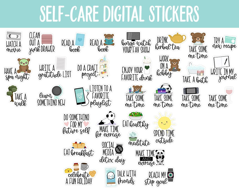 Self-Care Digital Stickers | GoodNotes & iPad | Mental Health, Adulting, Chores and More!