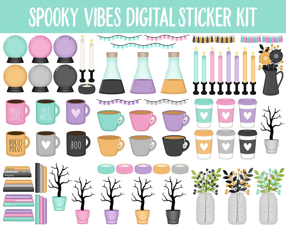 Spooky Vibes Digital Sticker Mega Bundle | GoodNotes & iPad | Pastel Halloween, October, Fall, Pumpkins, Home Decor