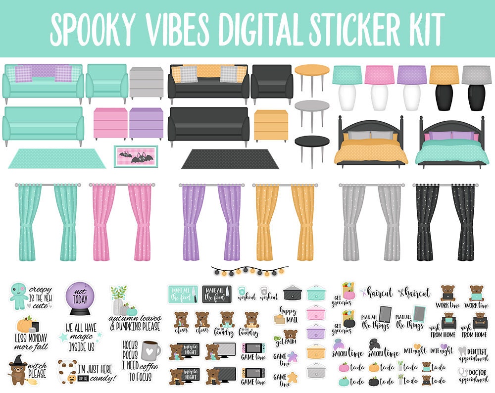 Spooky Vibes Digital Sticker Mega Bundle | GoodNotes & iPad | Pastel Halloween, October, Fall, Pumpkins, Home Decor