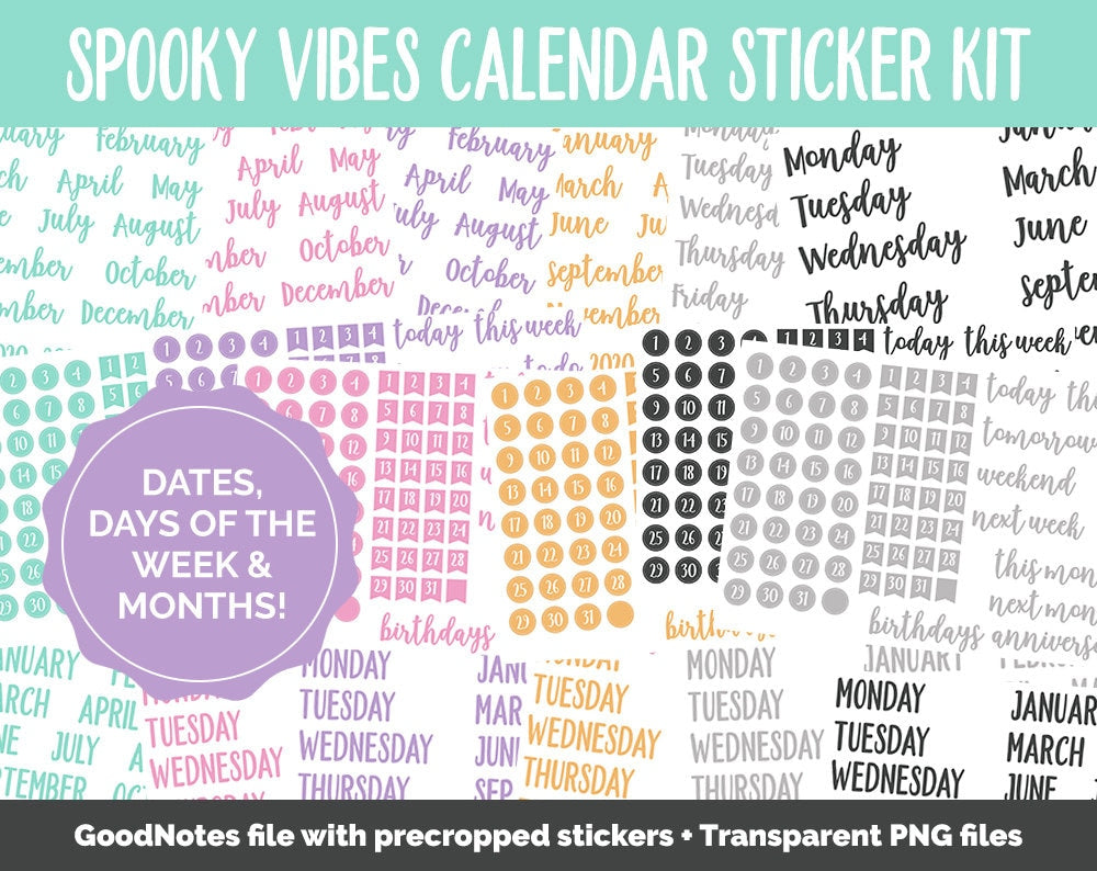 Spooky Vibes Calendar Essentials Digital Planner Stickers | GoodNotes, iPad and Android | Dates, Days of the Week, Months