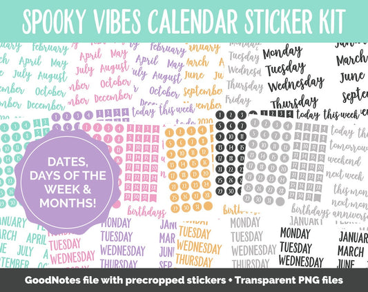 Spooky Vibes Calendar Essentials Digital Planner Stickers | GoodNotes, iPad and Android | Dates, Days of the Week, Months