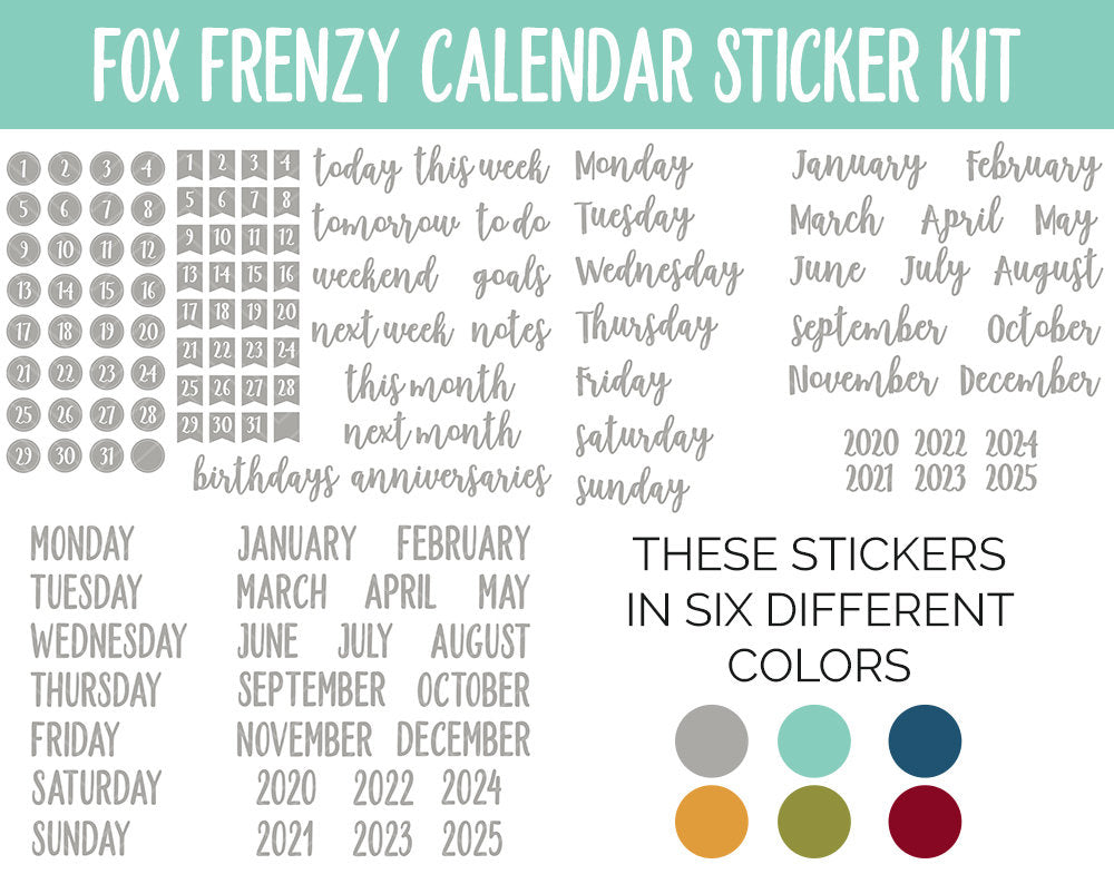 Fox Frenzy Calendar Essentials Digital Planner Stickers | GoodNotes, iPad and Android | Dates, Days of the Week, Months