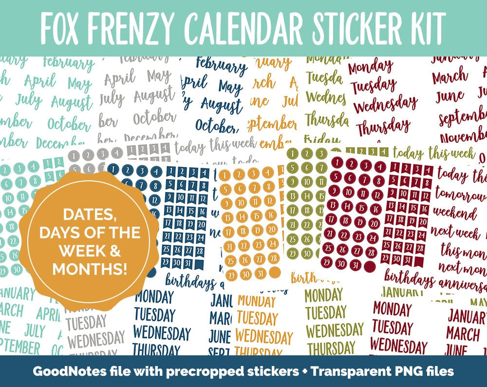 Fox Frenzy Calendar Essentials Digital Planner Stickers | GoodNotes, iPad and Android | Dates, Days of the Week, Months