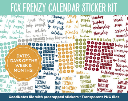 Fox Frenzy Calendar Essentials Digital Planner Stickers | GoodNotes, iPad and Android | Dates, Days of the Week, Months