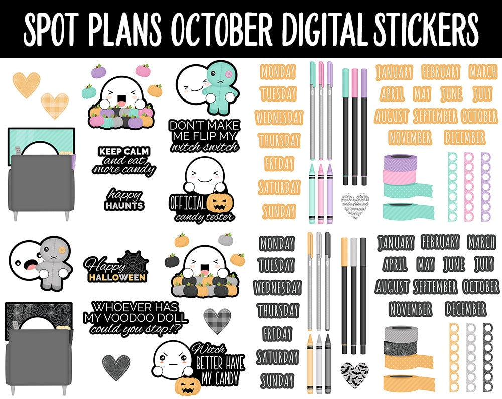 Spot Plans October Digital Stickers | GoodNotes, iPad and Android | Pastel Halloween, Fall, Autumn, Pumpkins, Adulting, Planning