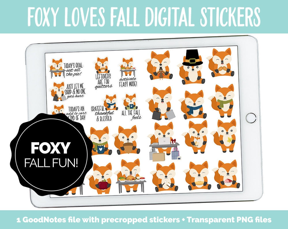 Foxy Loves Fall Digital Stickers | GoodNotes & iPad | Thanksgiving, Fox, Kawaii, Adulting, Moods, Tasks, November