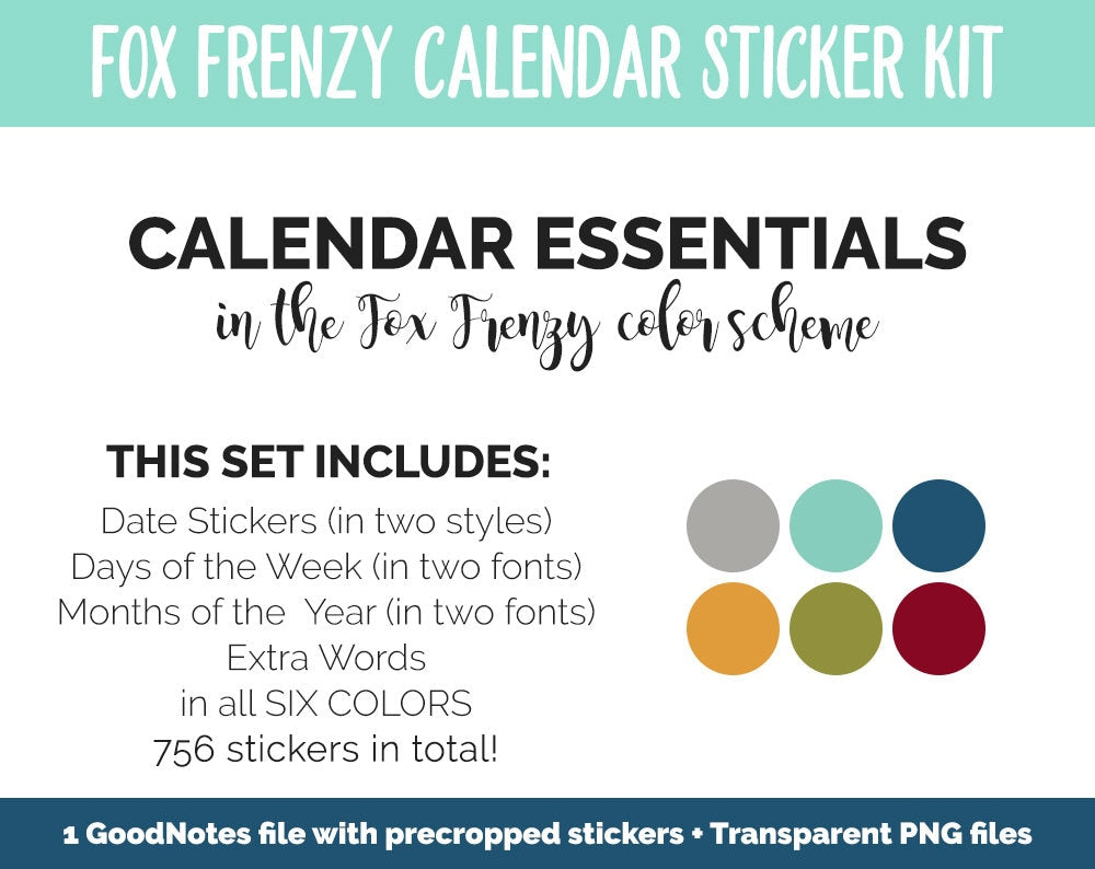 Fox Frenzy Calendar Essentials Digital Planner Stickers | GoodNotes, iPad and Android | Dates, Days of the Week, Months