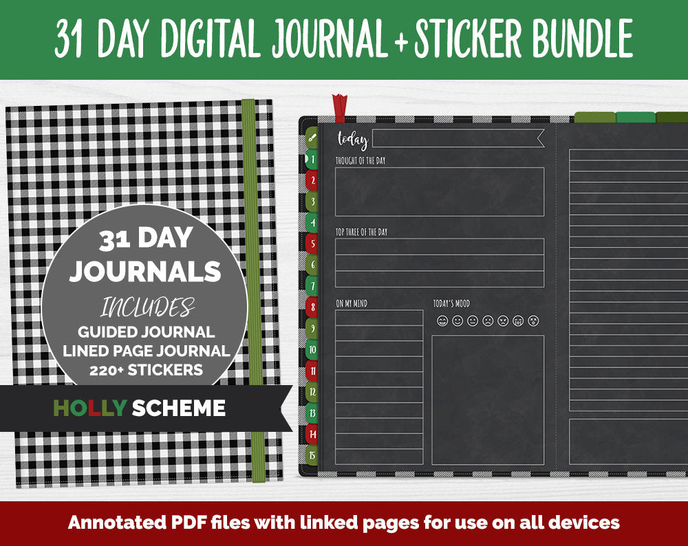 31 Day Digital Journal + Sticker Bundle | Holly Theme
