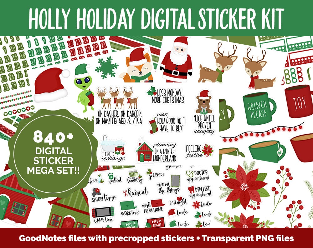 Holly Holiday Digital Sticker Mega Bundle | GoodNotes & iPad | December, Christmas, Winter, Kawaii, Adulting, Moods, Tasks