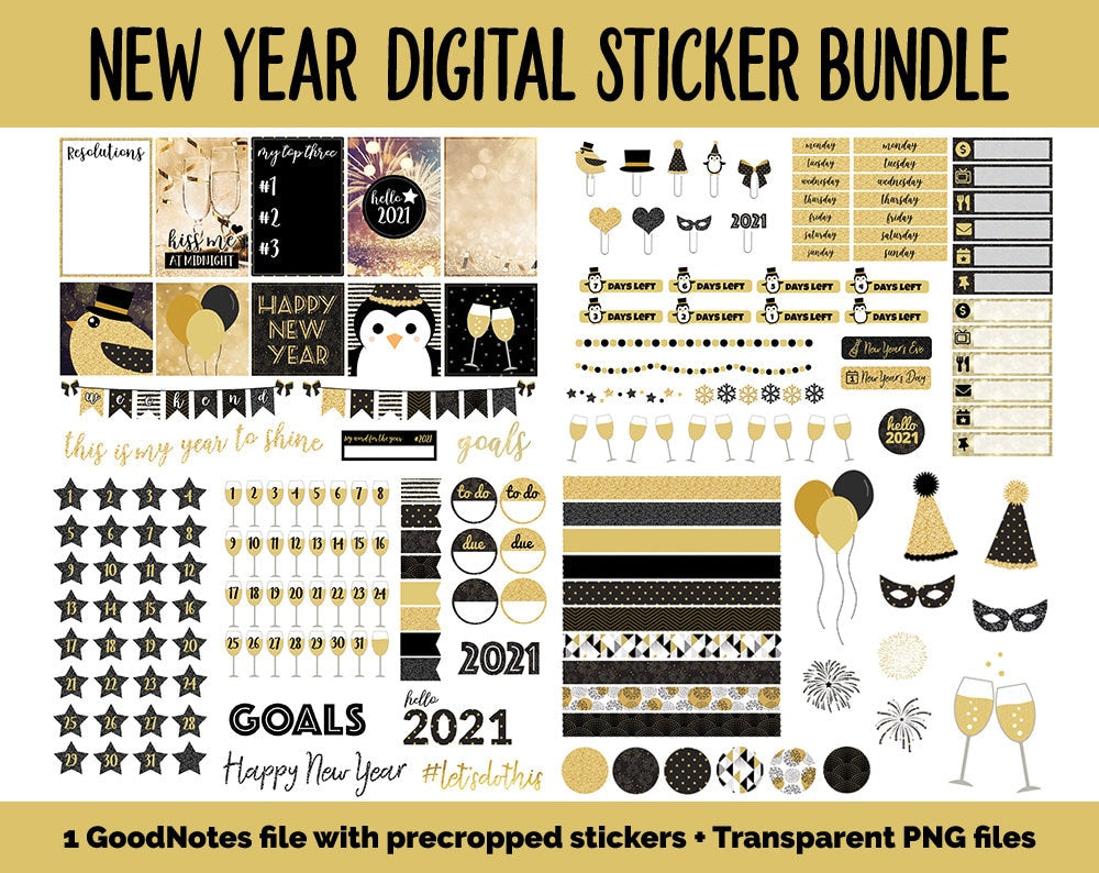 New Year Digital Sticker Bundle | GoodNotes & iPad | 2020, Calendar Dates, Sticky Notes, Washi and More!